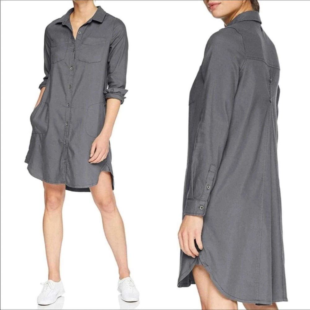 Prana Yarrow Charcoal Gray Long Sleeve Button Front Utility Shirt Dress L